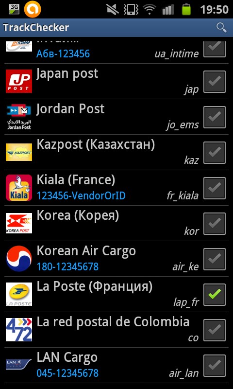 Différents services postaux Services de livraisons pris en charge par l'application Trackchecker
