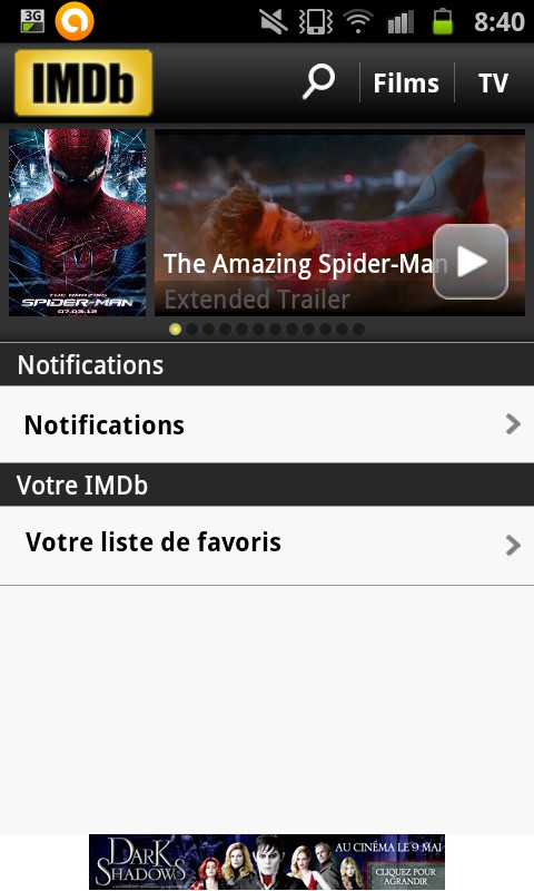Accueil de l'application Application IMDb pour android
