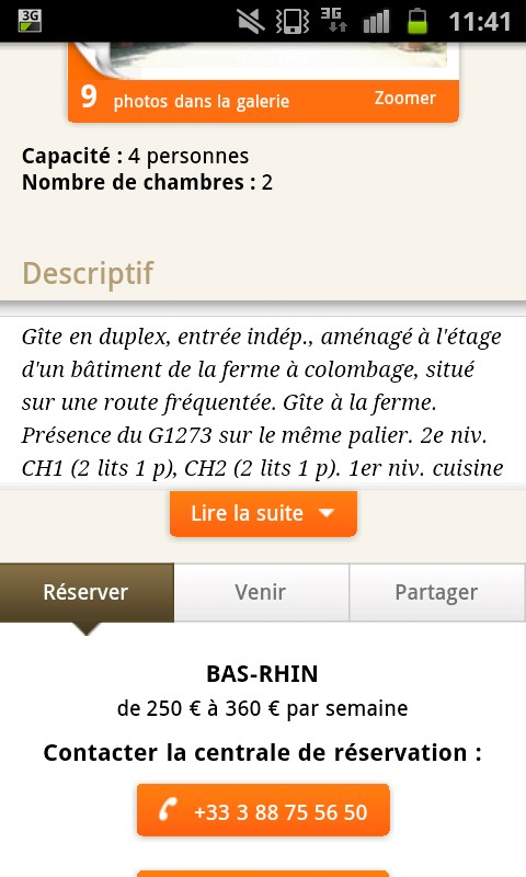 description hébergement descriptif d'un hébergement sur le site mobile