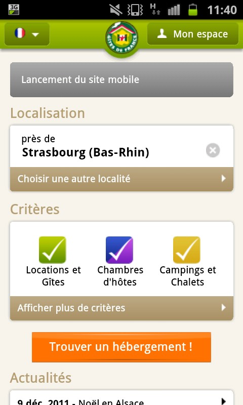 accueil du site mobile Gîtes de France Alsace