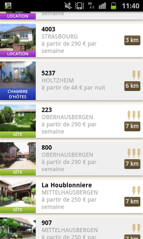 liste de résultats d'hébergements hébergements recherchés