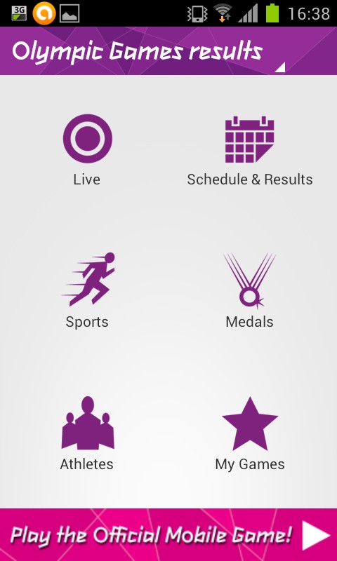 menu principal de l'appli menu principale de l'application des JO 2012
