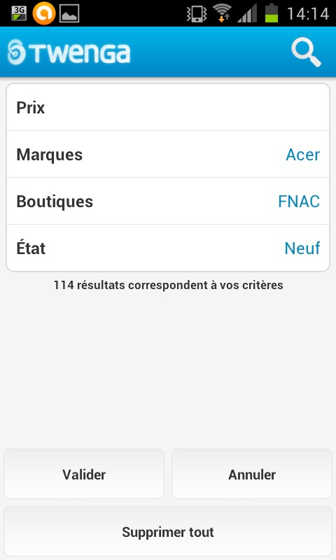 filtres de recherche Filtres de recherche pour l'application Twenga sur android