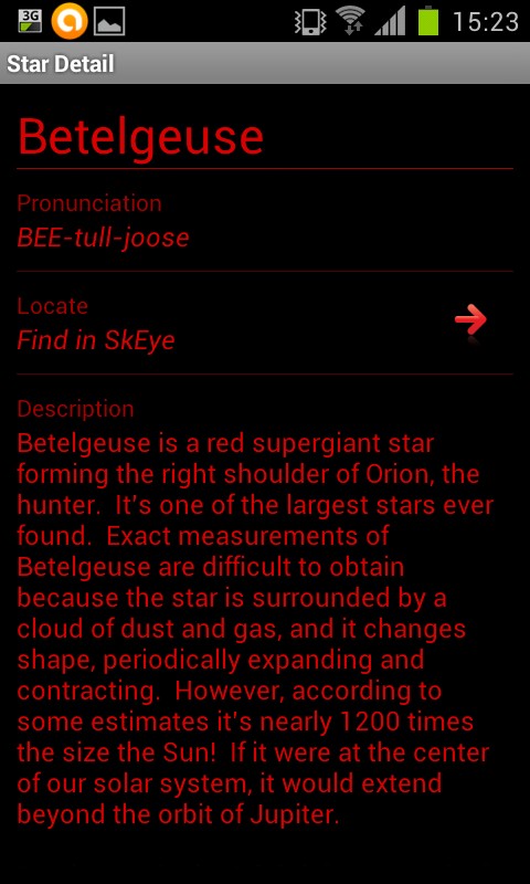 Informations sur une étoile dans l'application Star Odyssey