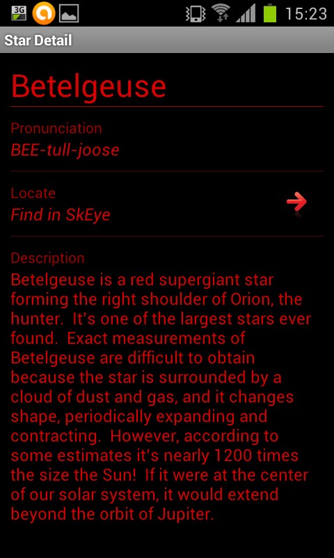 fiche étoile Informations sur une étoile dans l'application Star Odyssey
